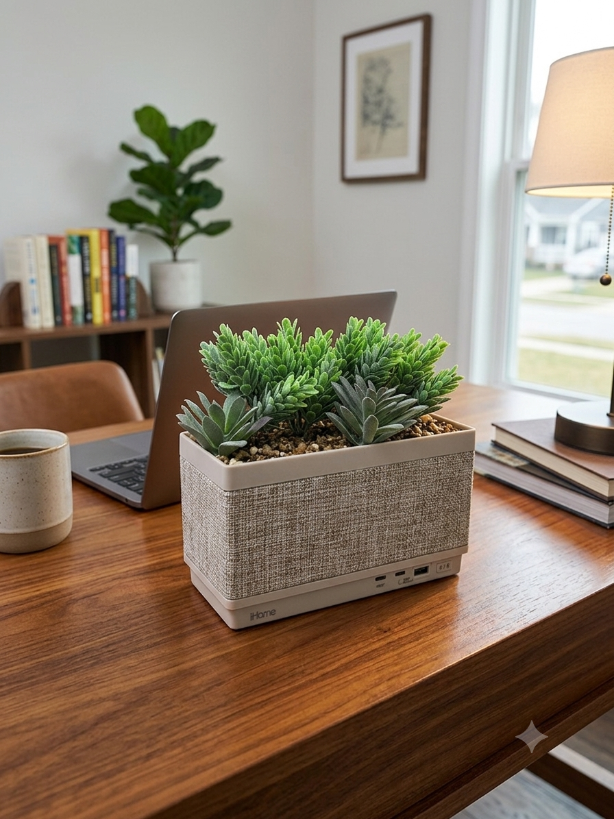 Decorative Faux Plant Smart Portable Bluetooth Speaker with Integrated 4K UHD Wi-Fi Home Security Camera